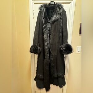DKNY Charcoal Fur-Trimmed Trench Coat